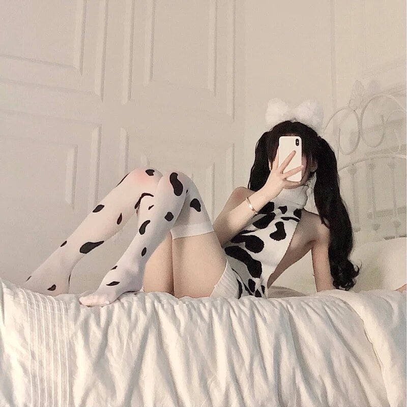 Silk Socks, Headwear Sexy Backless Cow Print Halter Sling Sleeveless Short Tight Sweater