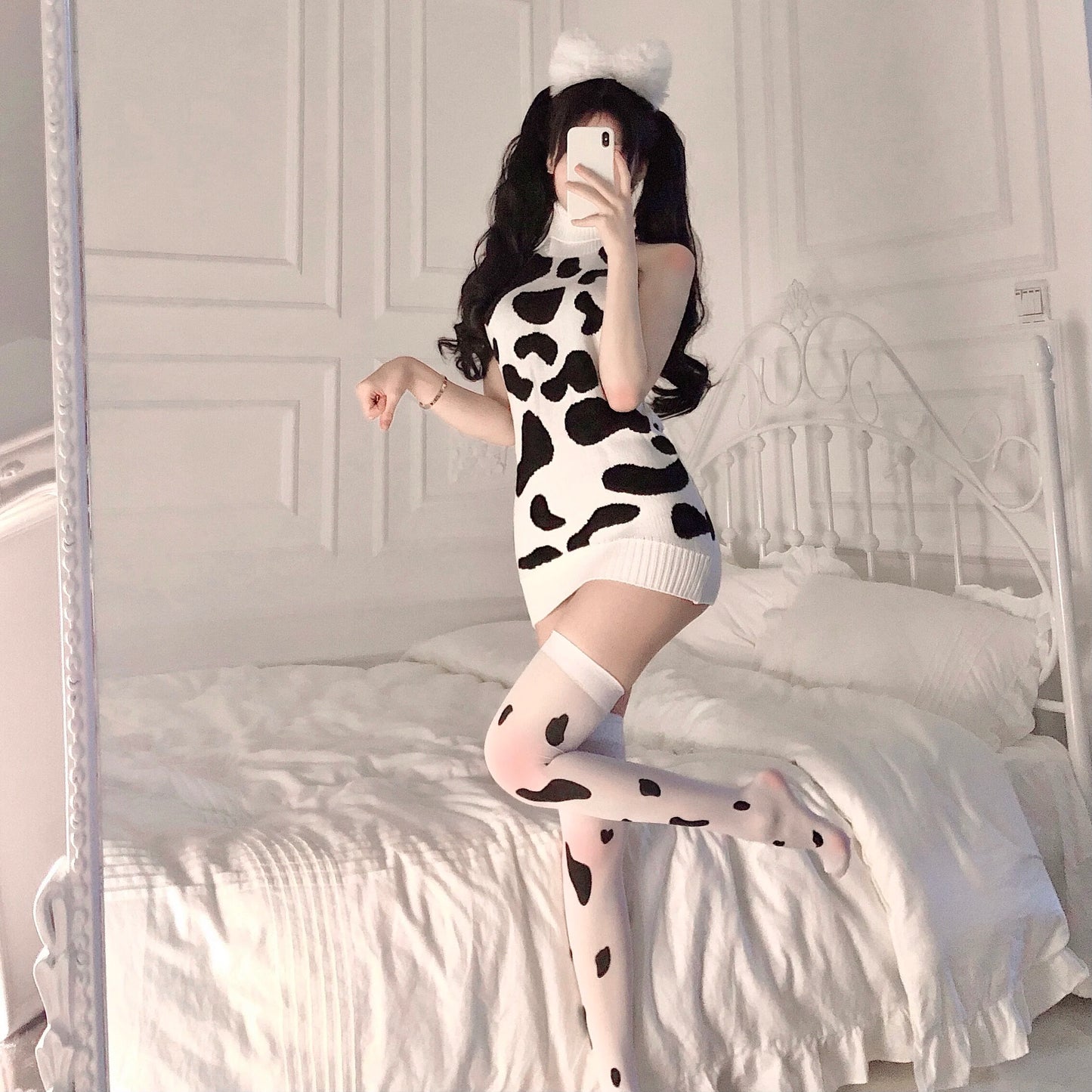 Silk Socks, Headwear Sexy Backless Cow Print Halter Sling Sleeveless Short Tight Sweater
