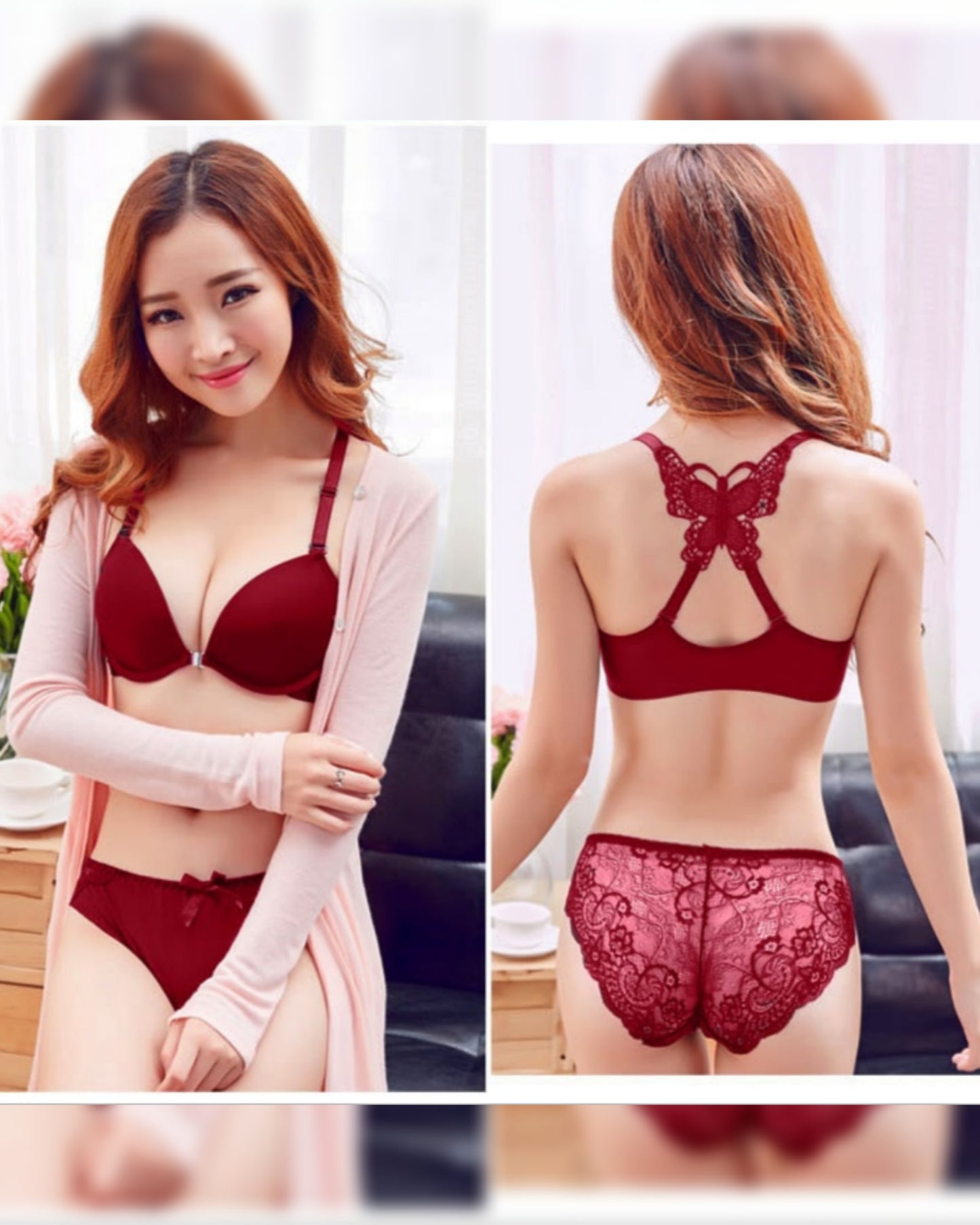 Sexy Butterfly Front Open Women 2 Pieces Lace Floral Bra And Panties Set
