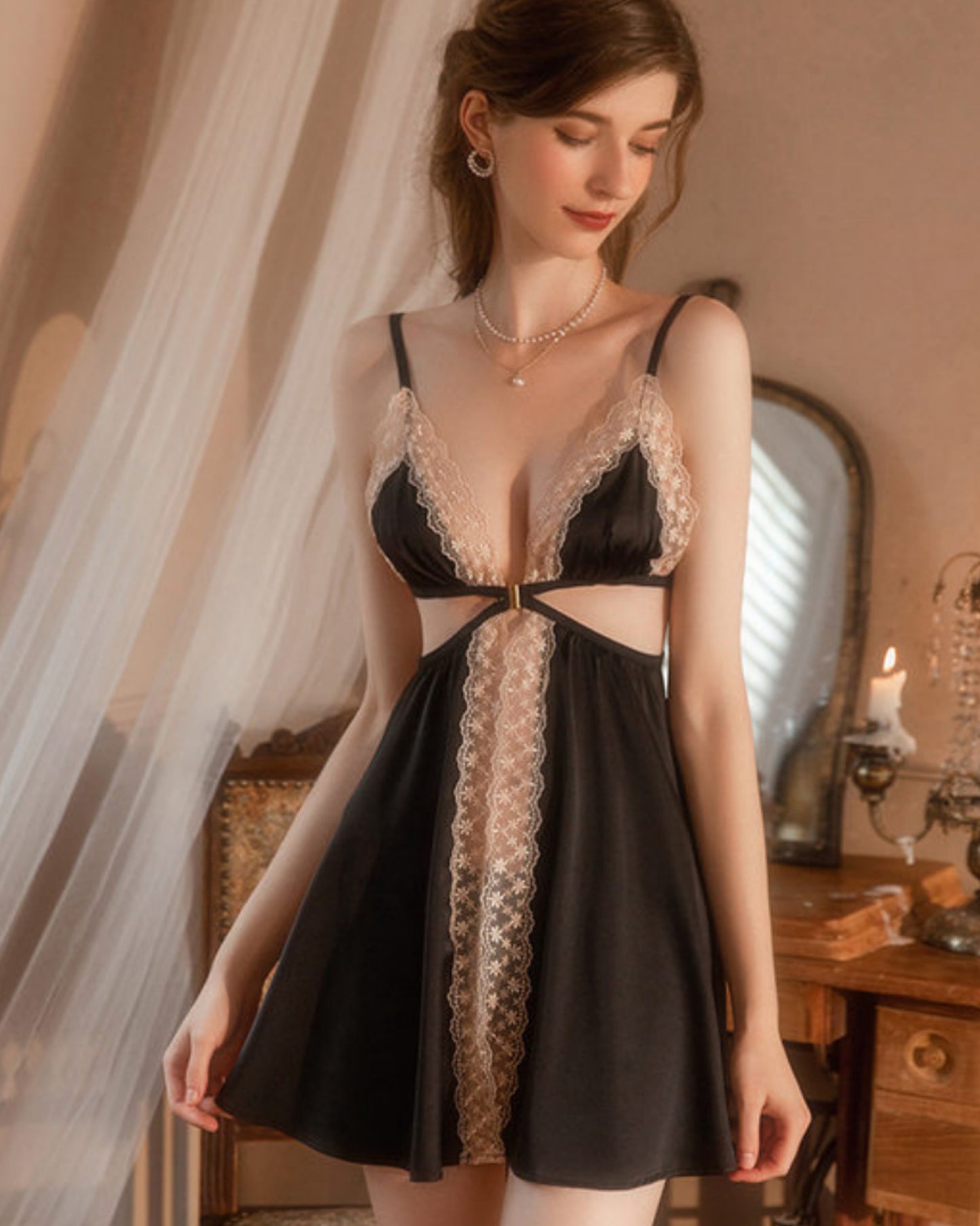 Lace Embroidered Open Cup Babydoll Sleepwear