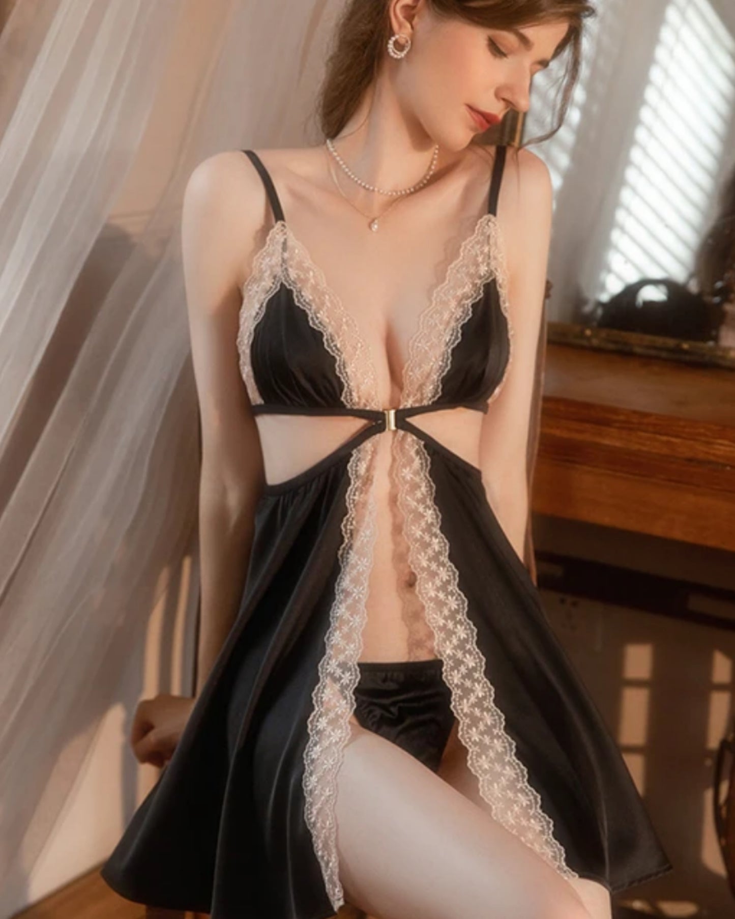 Lace Embroidered Open Cup Babydoll Sleepwear