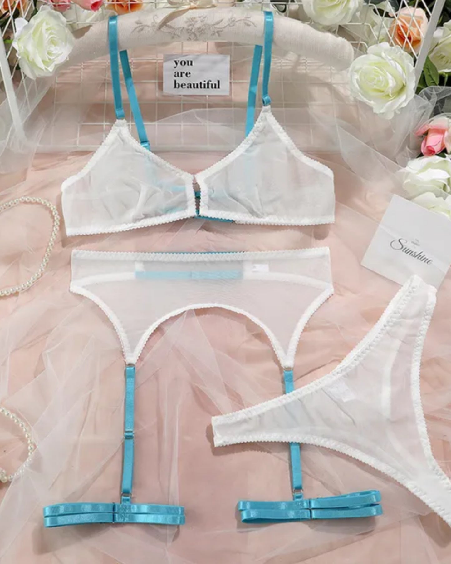 Premium Quality 3 Pcs Transparent Mesh Bra And Panties With Garter Sexy Lingerie Set