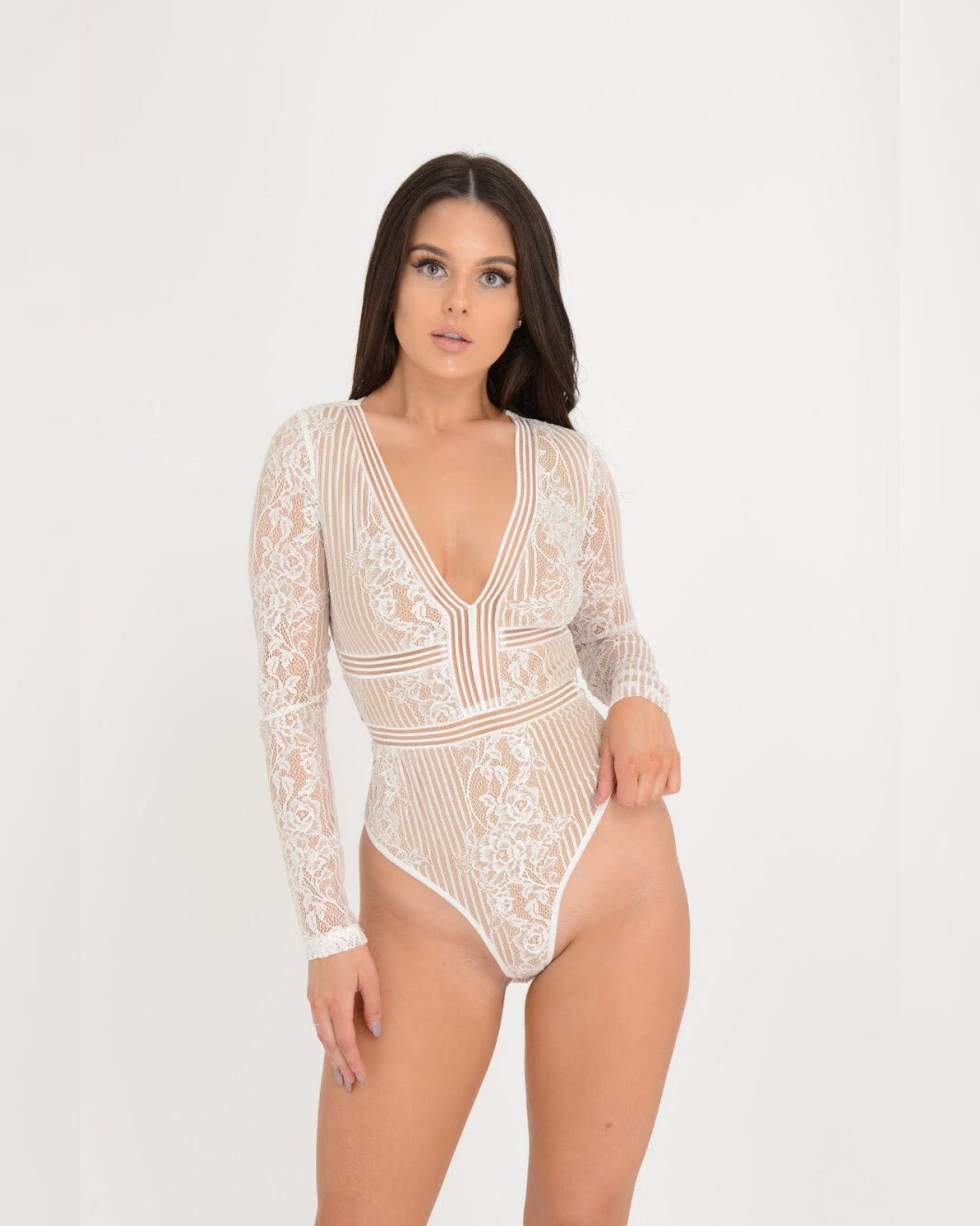 Babydoll One-Piece Underwear Lace Perspective Long Sleeve Bodysuit