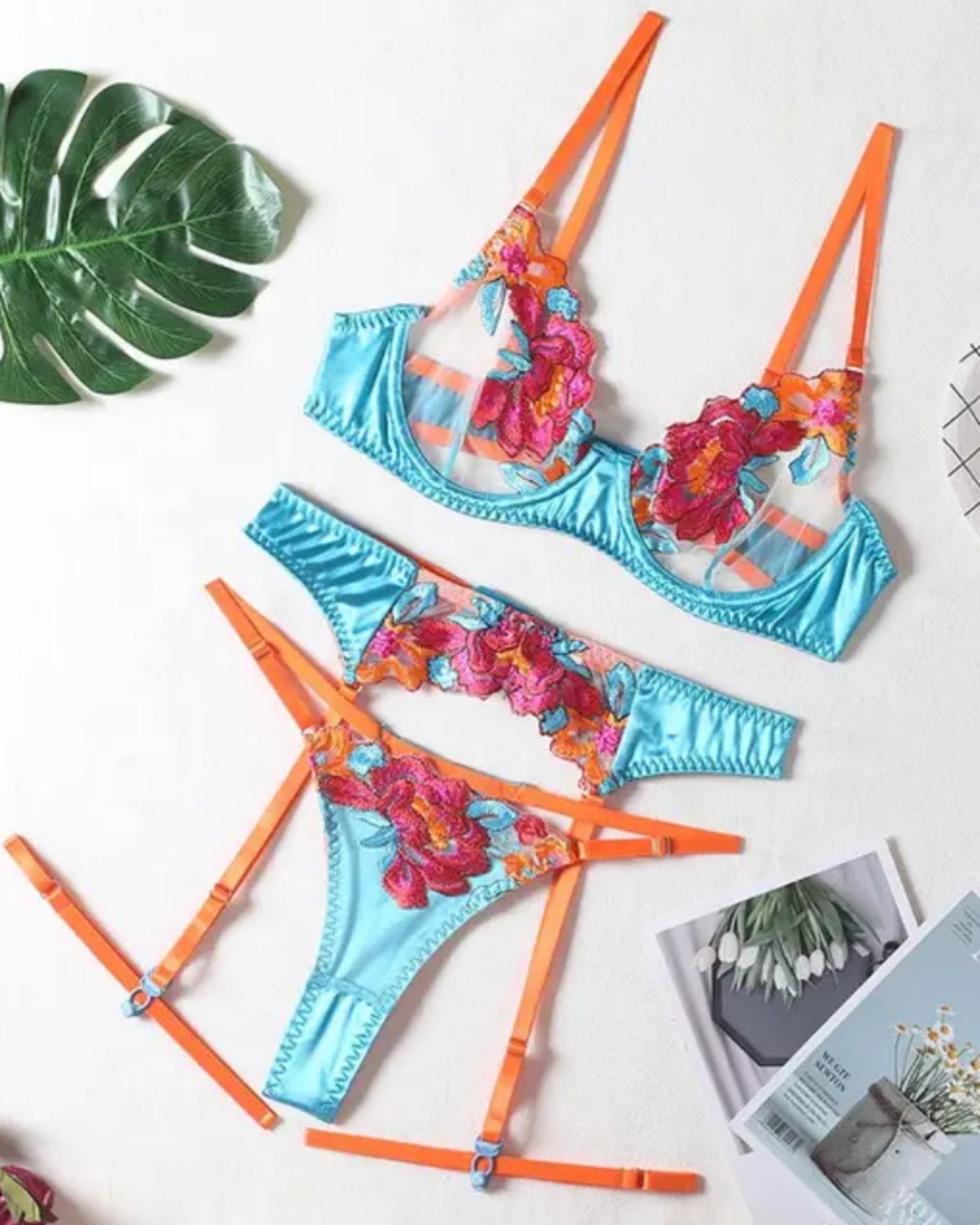 Premium Quality 3-Piece Explosive Embroidered Flower Sexy Lingerie Satin Stitching Complex Craft Lingerie