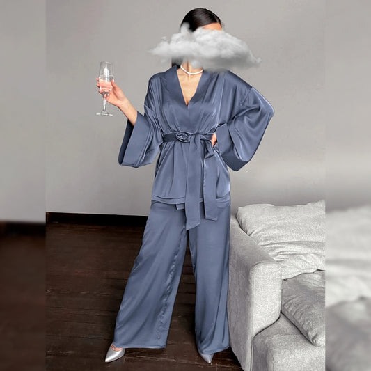 2 Pcs High Quality Flare Nightgown Trouser Suits Drop Sleeves Set