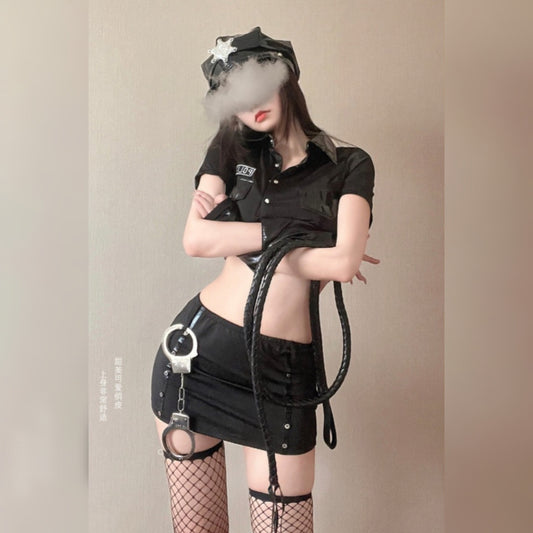 Police Women Cosplay Dress Set: Top, Skirt, Thong, Sleeves, Handcuffs, Leggings, Whip, and Hat - 8 Pieces