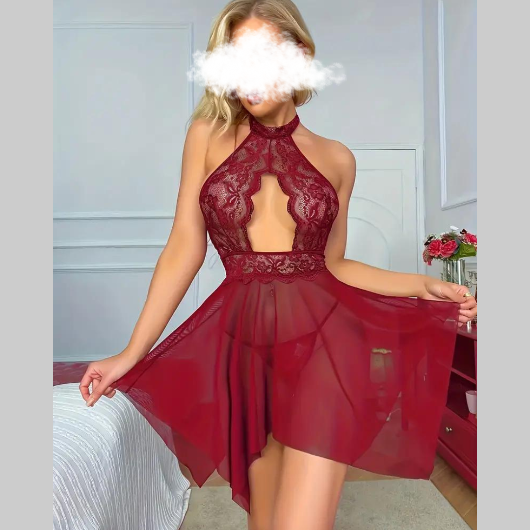 Hollow Transparent See-Through Lace Mesh Hanging Neck Strap Nightdress