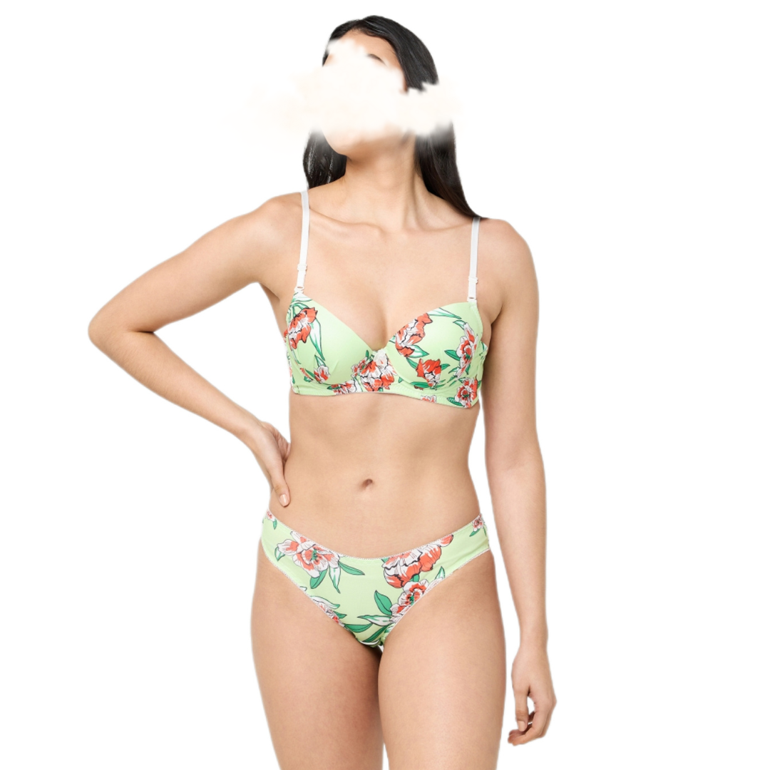 Green Flora High Quality Printed Bra Set