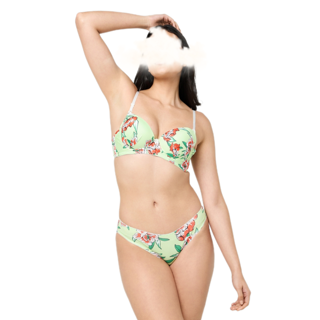 Green Flora High Quality Printed Bra Set