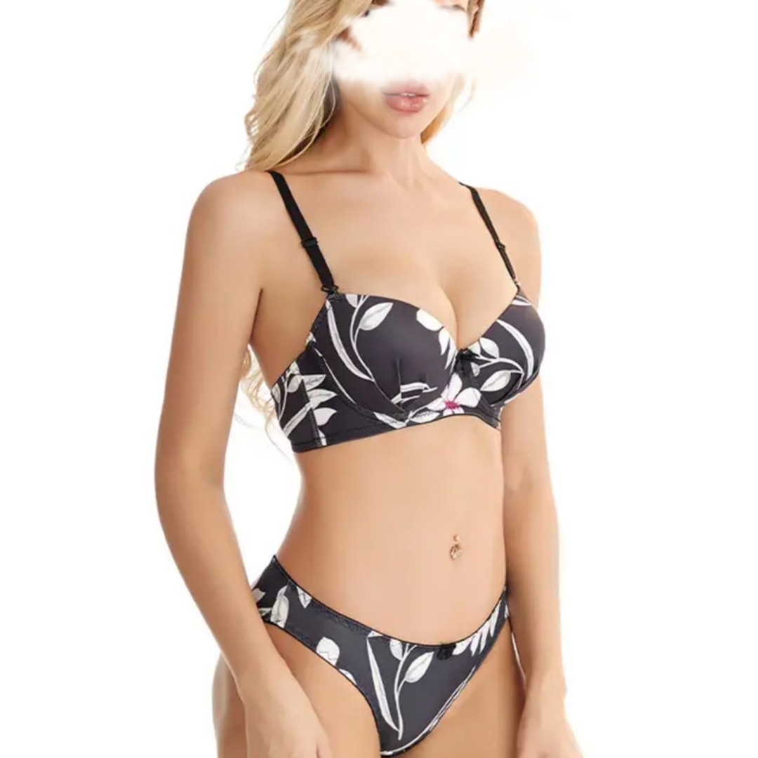 Exquisite Black Flora High Quality Printed Bra Set