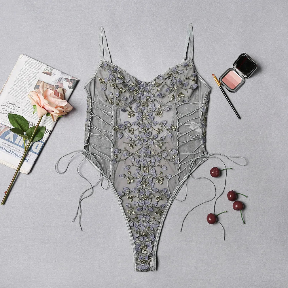 One-Piece Sexy Lace Lingerie Floral Embroidery Sex Teddies Women Transparent Bodysuit Costume