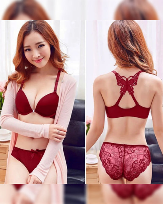 Sexy Butterfly Front Open Women 2 Pieces  Lace Floral Bra And Panties Set