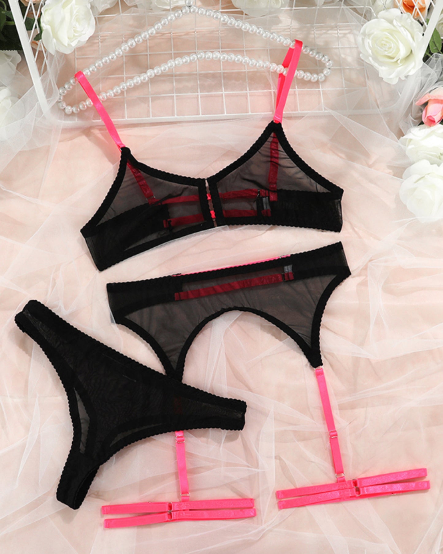 Premium Quality 3 Pcs Transparent Mesh Bra And Panties With Garter Sexy Lingerie Set