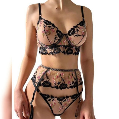 High Quality See-Through Push Up Floral Embroidery Sexy Erotic Transparent Lingerie Set