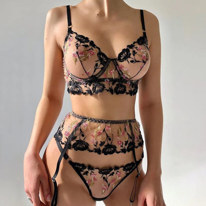 High Quality See-Through Push Up Floral Embroidery Sexy Erotic Transparent Lingerie Set