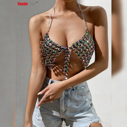 High Quality Diamond Cut Stone Decorative Chain Halter Triangle Bra