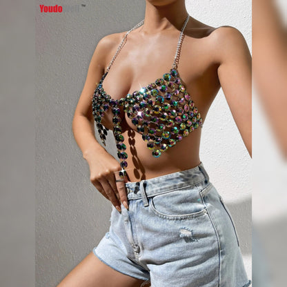 High Quality Diamond Cut Stone Decorative Chain Halter Triangle Bra