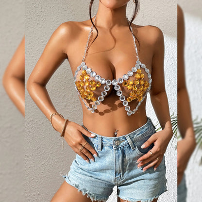 Lustrous Chain Halter Triangle Bra with Sparkling Stone Details