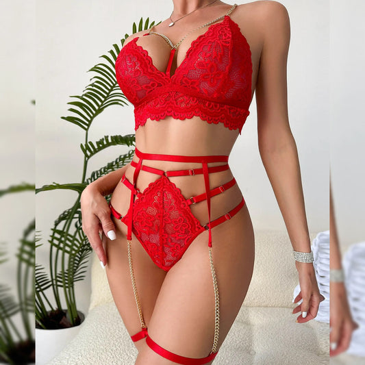Premium Quality Chain Decorated 3 Pcs Lingerie Set For Honeymoon With Leg Ring
