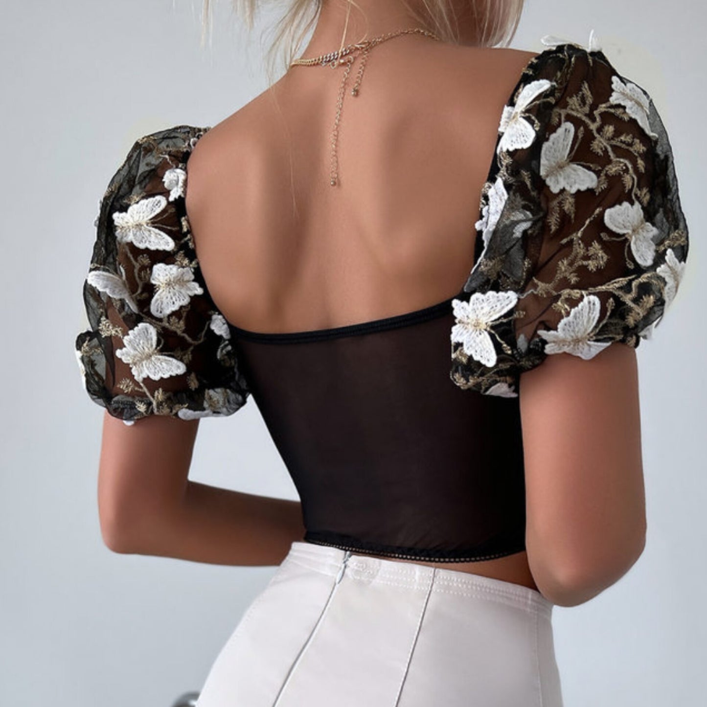 High Quality New Women's Puff Sleeve Sexy Floral Navel Cropped Top