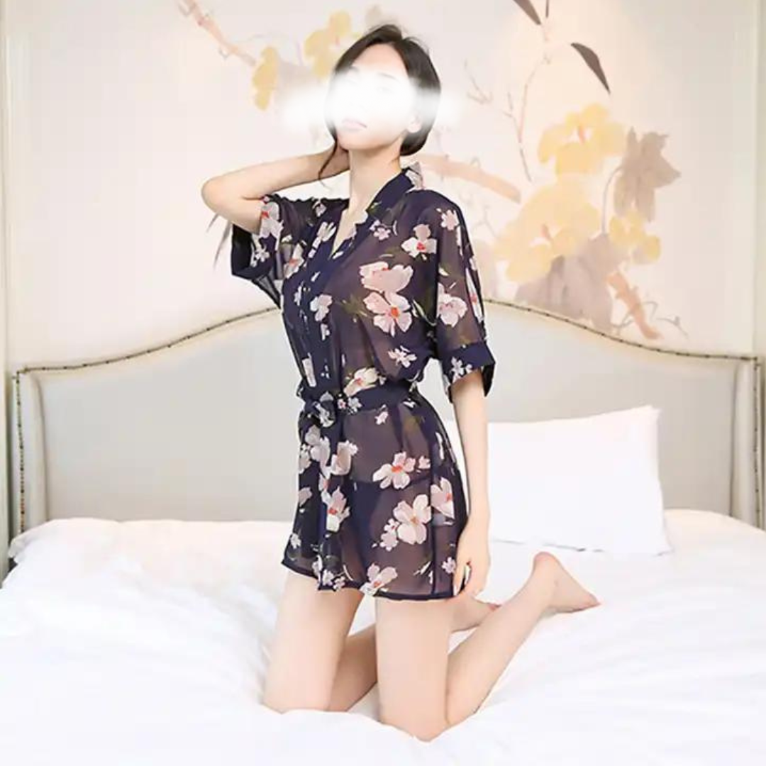 Tulle Transparent Uniform V-Neck Floral  Bathrobe Printed Nightgown Set With Thong