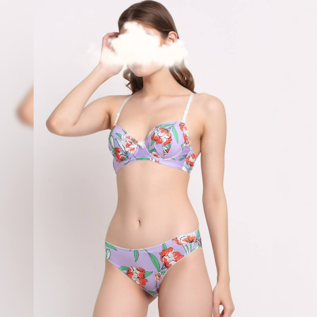 Purple Flora High Quality Printed Bra Set