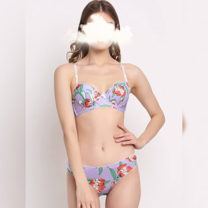 Purple Flora High Quality Printed Bra Set