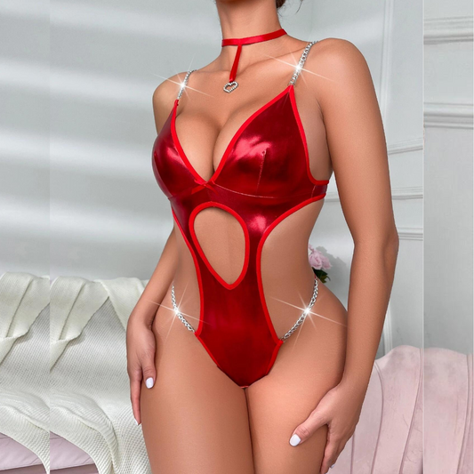High Quality Chain Linked Cut Out Teddy Bodysuit With Choker