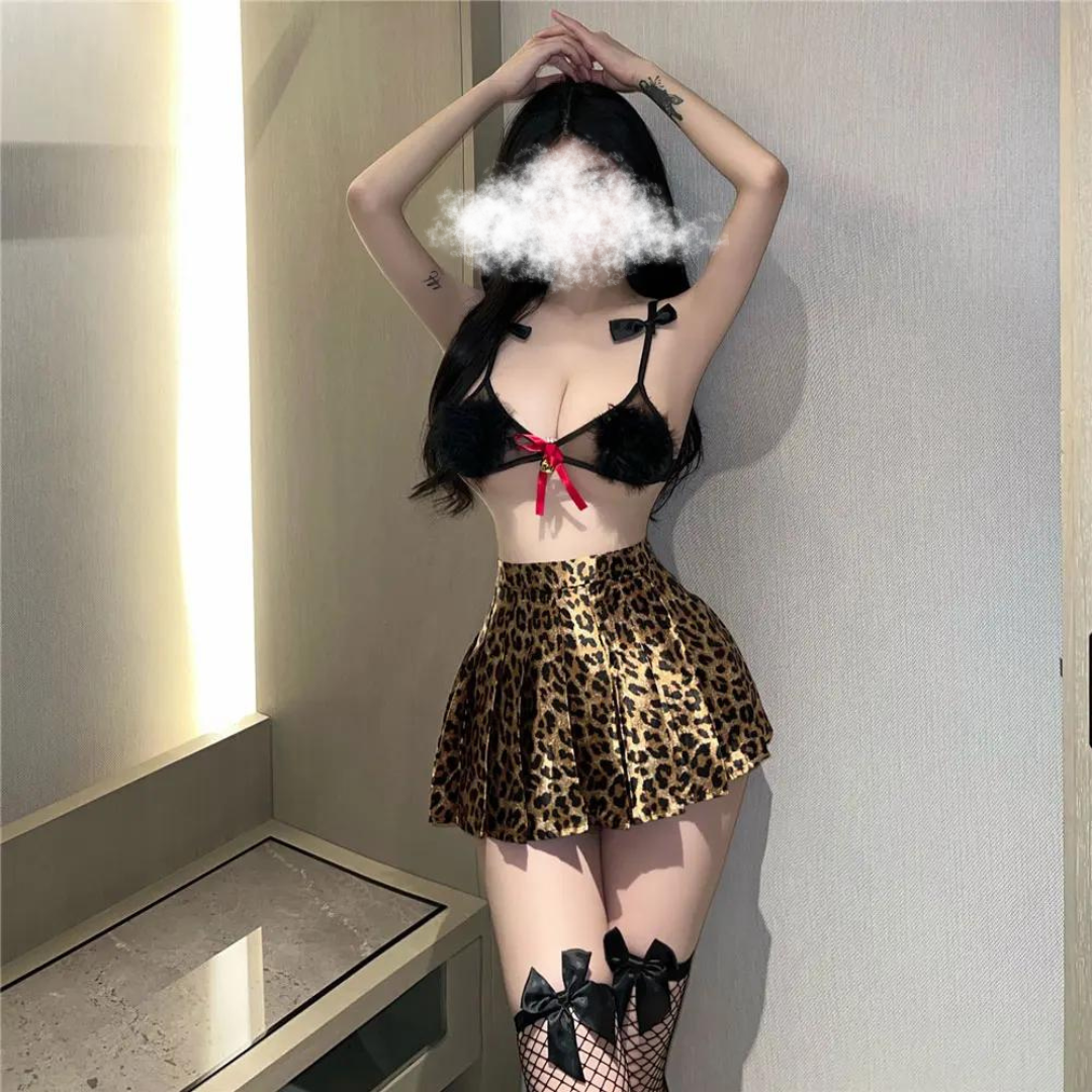 4 Pcs Furr Top & Leopards Skirt Sexy Lingerie With Leg Stockings