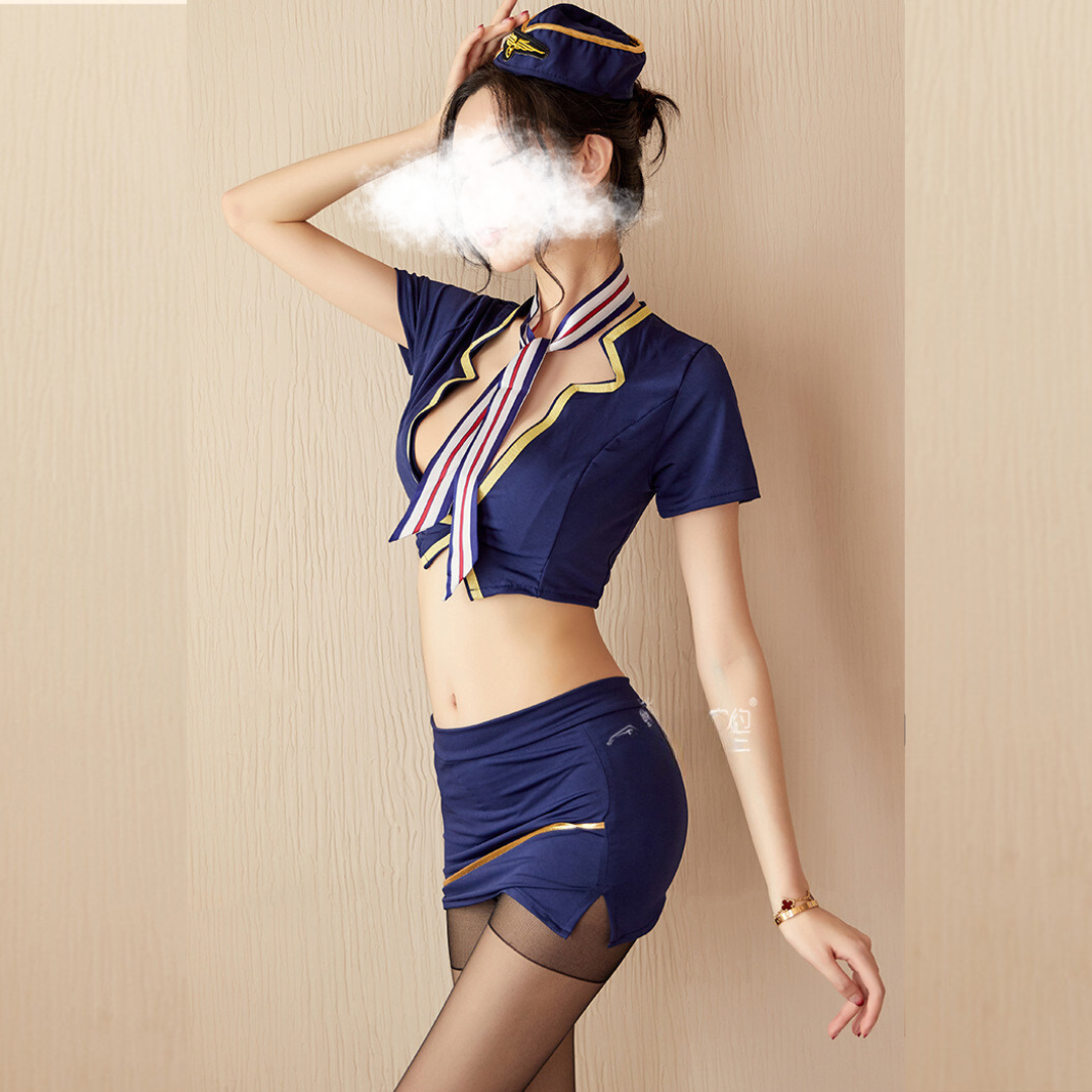 Ladies Air Hostess Dress Adult Teddy Sexy Lingerie Mini Skirt Cosplay Costume (With Matching Leg Stockings)