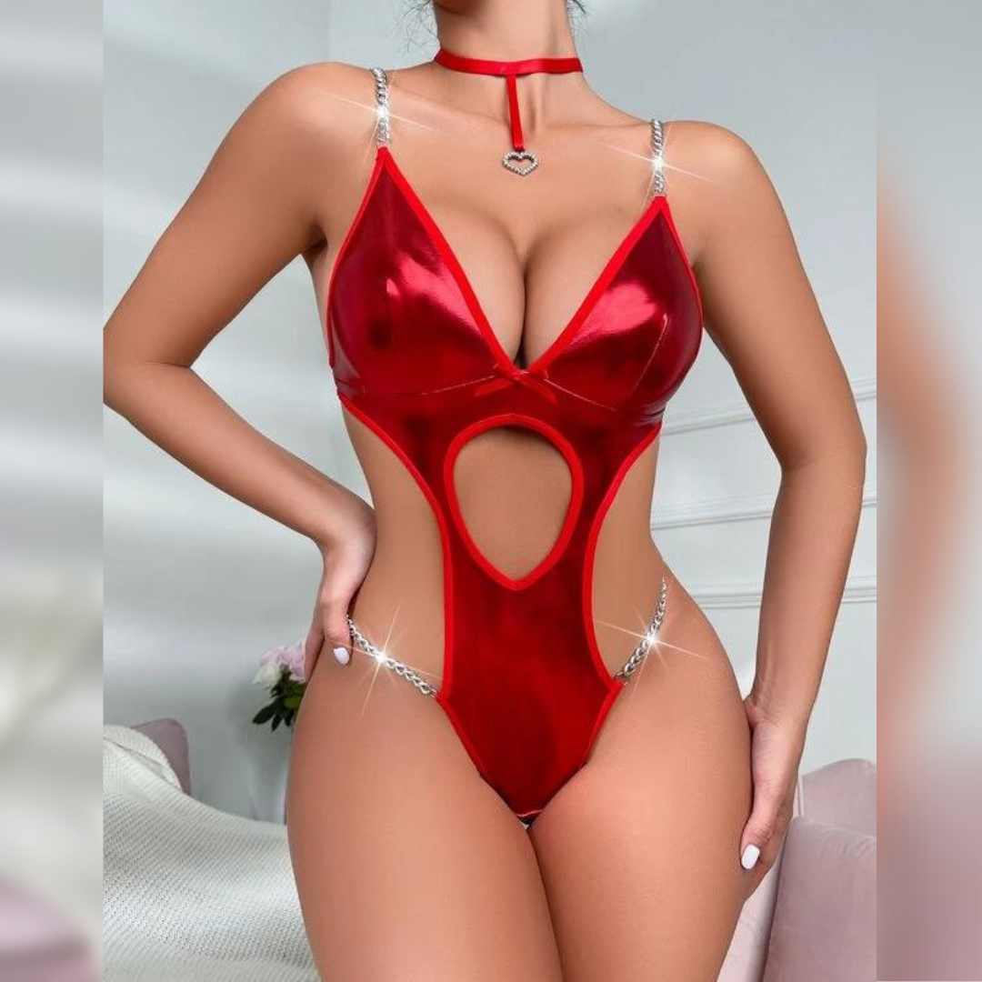 High Quality Chain Linked Cut Out Teddy Bodysuit With Choker